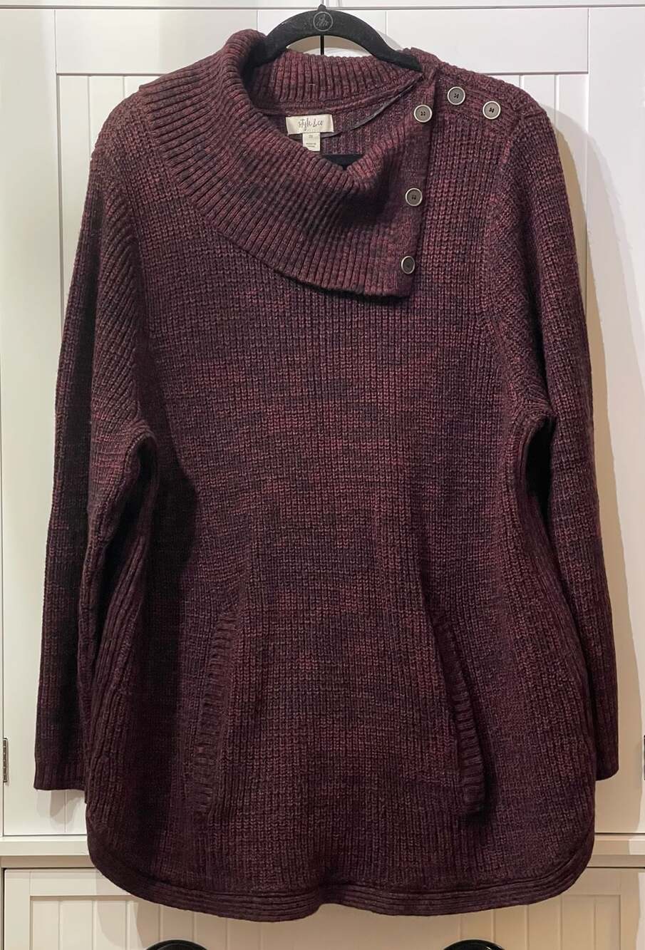 Style & Co Sweater Size 3X Burgundy Marled Envelope Neck Button Trim Tunic